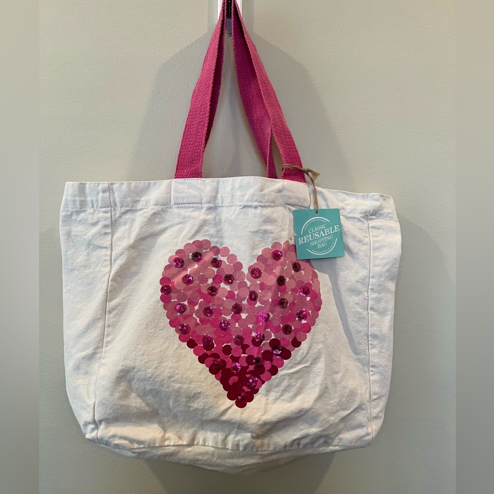 Valentine’s Day heart sequin reusable shopping tote bag cotton eco‎ friendly new